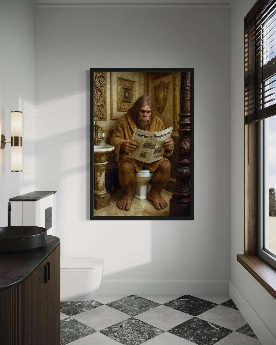 Funny Bigfoot On Toilet Reading Newspaper Bathroom Wall Art