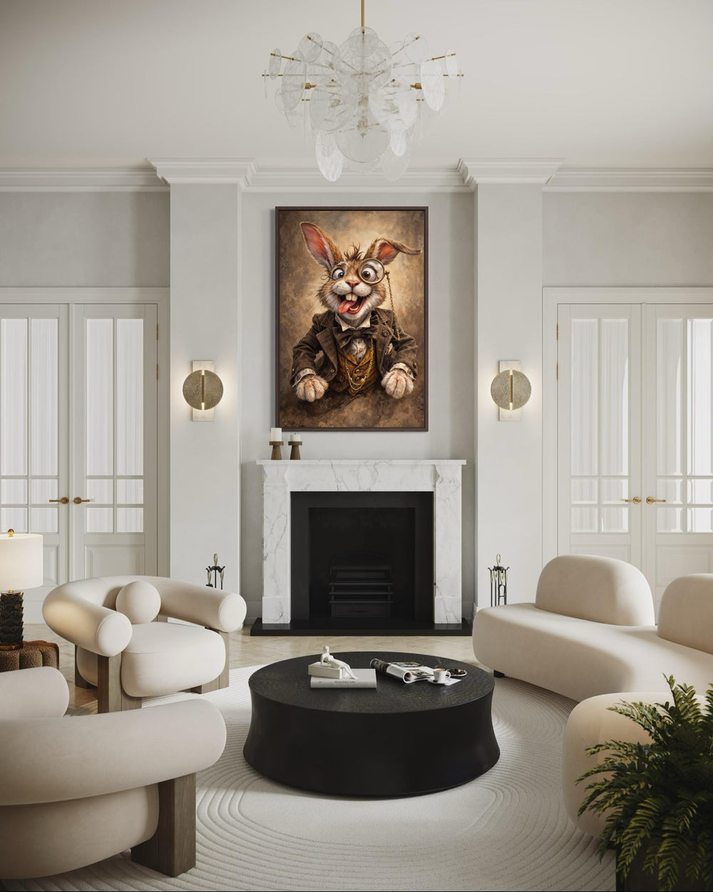 Victorian rabbit portrait wall art featuring a bunny with a monocle above a white marble fireplace.