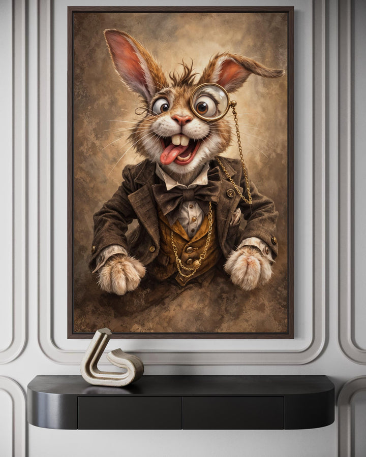 Victorian rabbit portrait wall art featuring a funny bunny with a monocle in a dark wood frame.