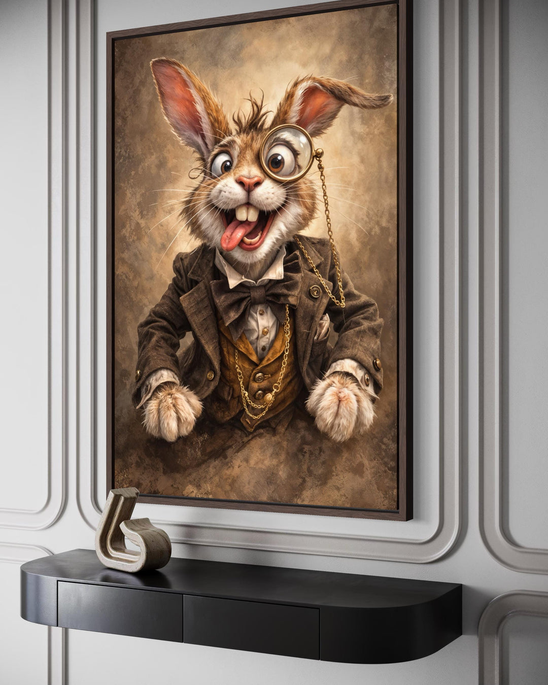 Victorian rabbit portrait wall art featuring a whimsical bunny with a monocle in a dark frame.
