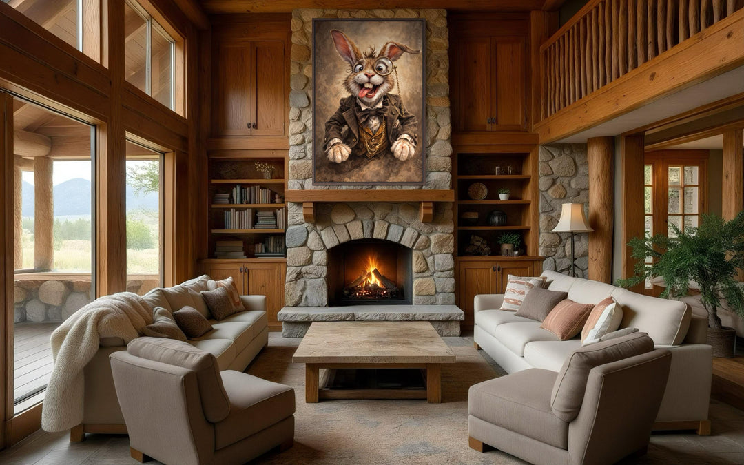 Funny bunny with monocle wall art in a Victorian rabbit portrait above a stone fireplace.