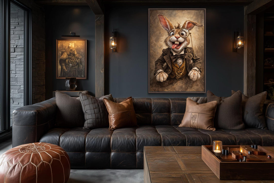 Victorian rabbit portrait with a monocle and suit displayed in a dark, moody library setting.