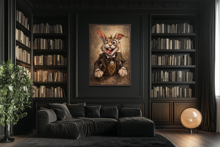 Victorian rabbit portrait wall art with a monocle displayed in a dark, moody library setting.