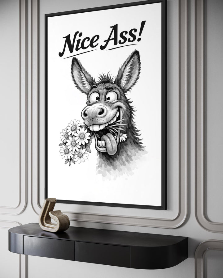 Black and white canvas print of a donkey with the text Nice Ass in a minimalist style.