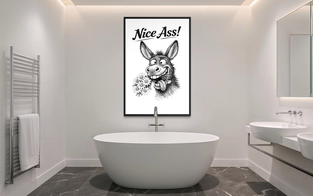 Funny donkey wall art with Nice Ass text hanging above a bathtub in a modern bathroom.