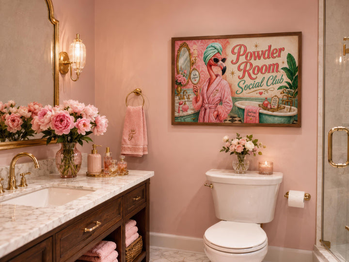 Framed retro canvas print of a flamingo in a pink robe titled Powder Room Social Club on a pink wall.