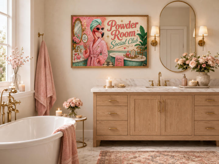 Retro flamingo canvas print titled Powder Room Social Club hanging in a pink and wood bathroom.
