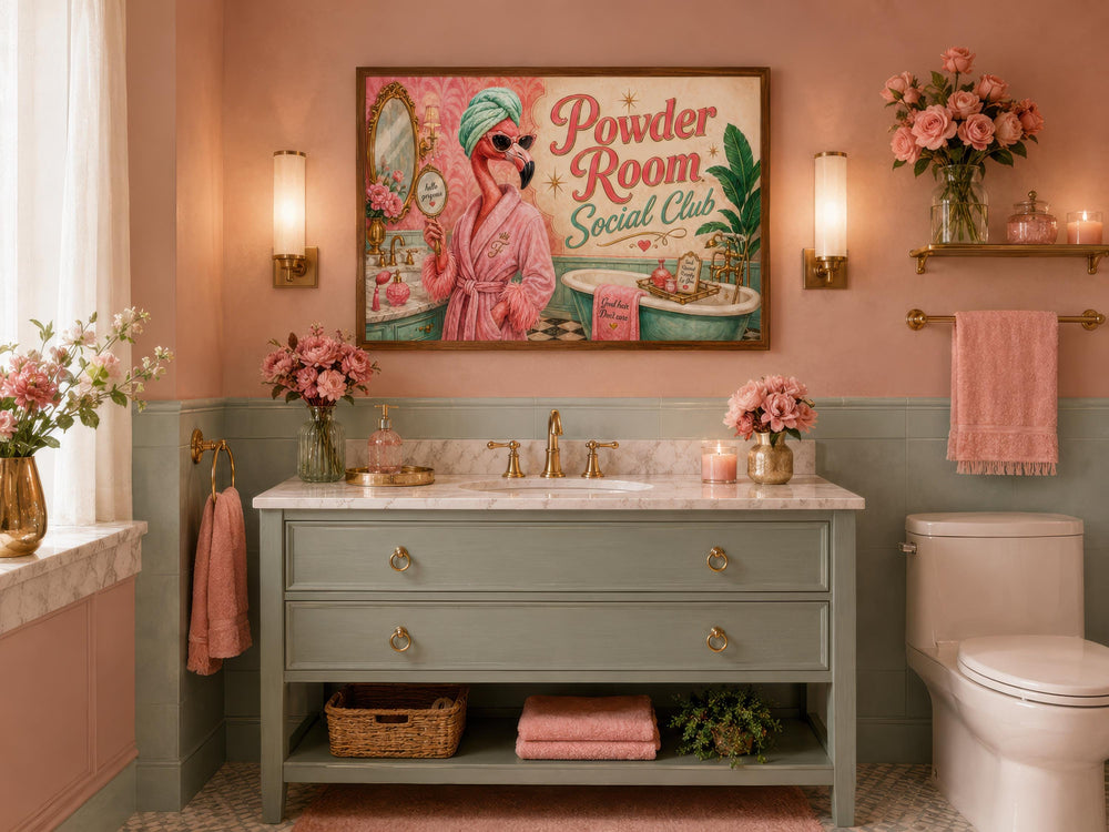 Retro canvas print of a flamingo in a robe with 'Powder Room Social Club' text in a pink bathroom.