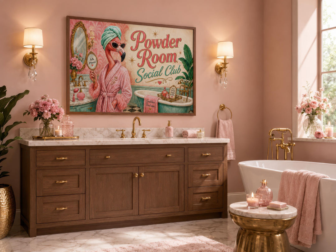 Funny flamingo bathroom art canvas print titled Powder Room Social Club in a pink retro bathroom.