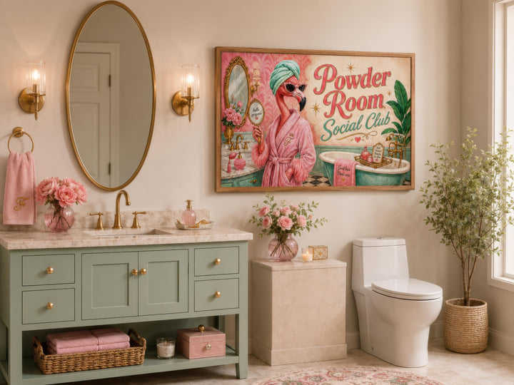 Framed retro flamingo canvas print titled 'Powder Room Social Club' in a pink and green bathroom.