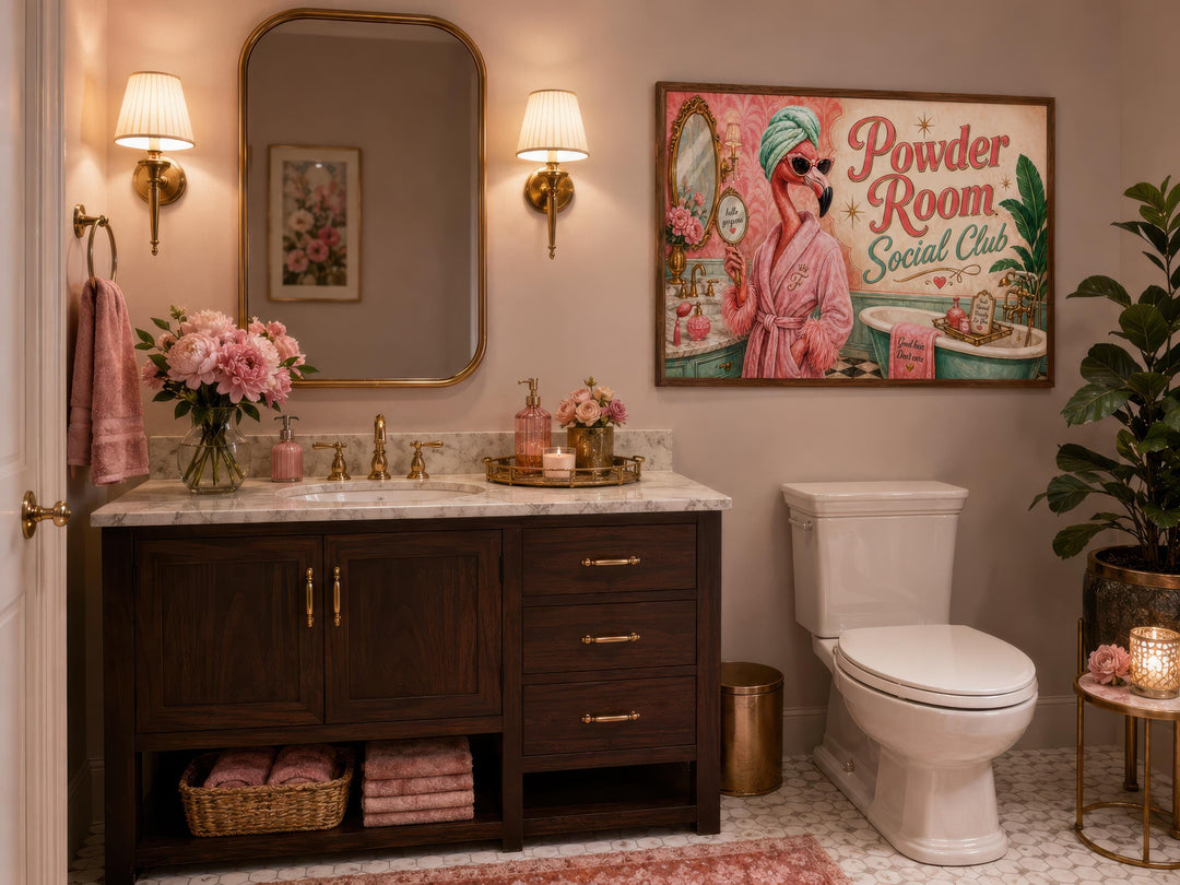 Retro flamingo canvas art titled 'Powder Room Social Club' hanging in a pink-themed bathroom.