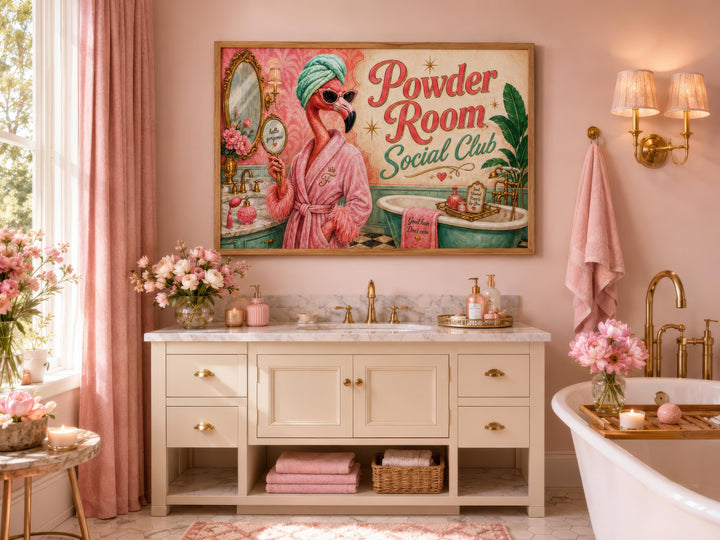 Framed retro canvas print of a flamingo in a robe titled Powder Room Social Club in a pink bathroom.