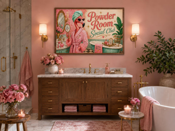 Framed canvas print of a flamingo in a pink robe above a wooden bathroom vanity with marble top.