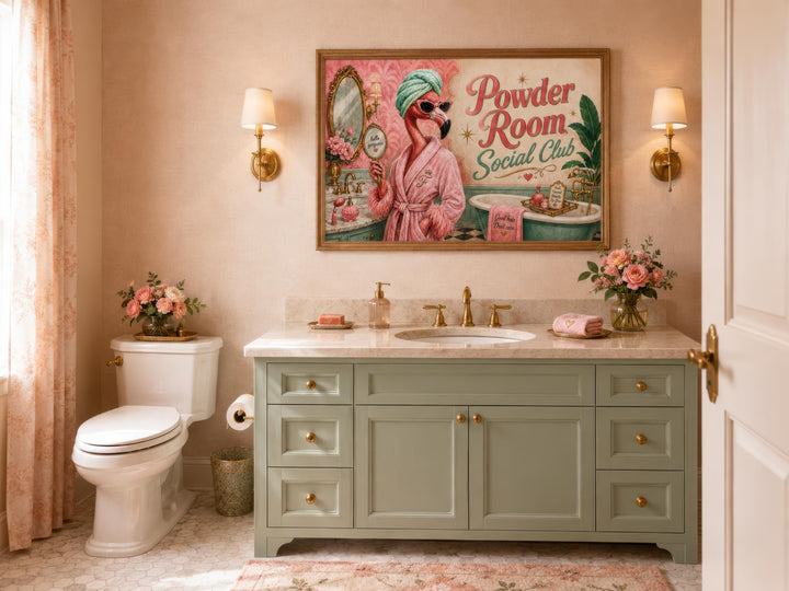 Whimsical flamingo canvas print titled 'Powder Room Social Club' above a green bathroom vanity.