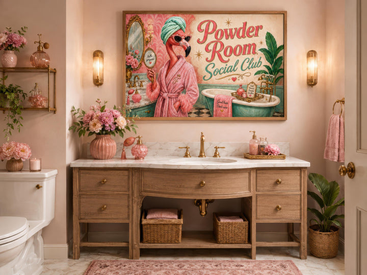Funny flamingo bathroom art print titled Powder Room Social Club hanging above a wooden vanity.