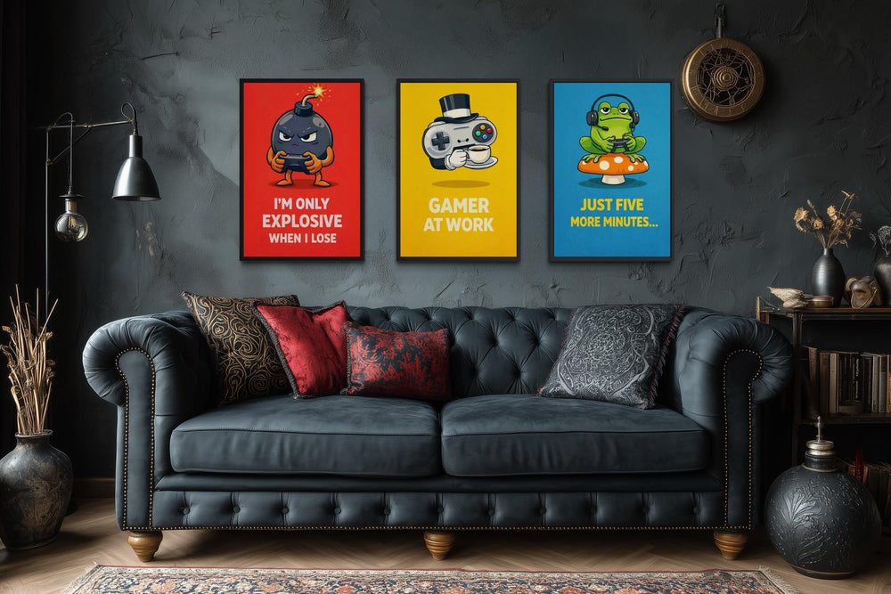 Set of three colorful gamer canvas prints with funny quotes displayed above a dark tufted sofa.