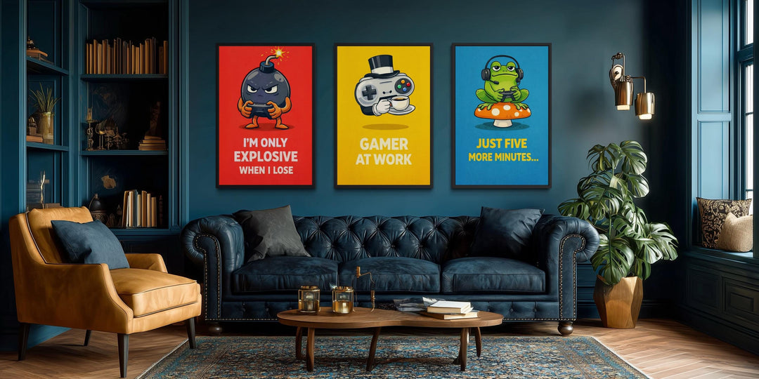 Set of three colorful gamer canvas prints with funny quotes displayed above a blue sofa.