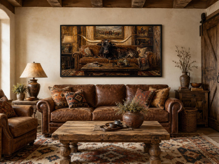 Canvas print of a Texas Longhorn bull lounging on a leather sofa in a rustic ranch living room.