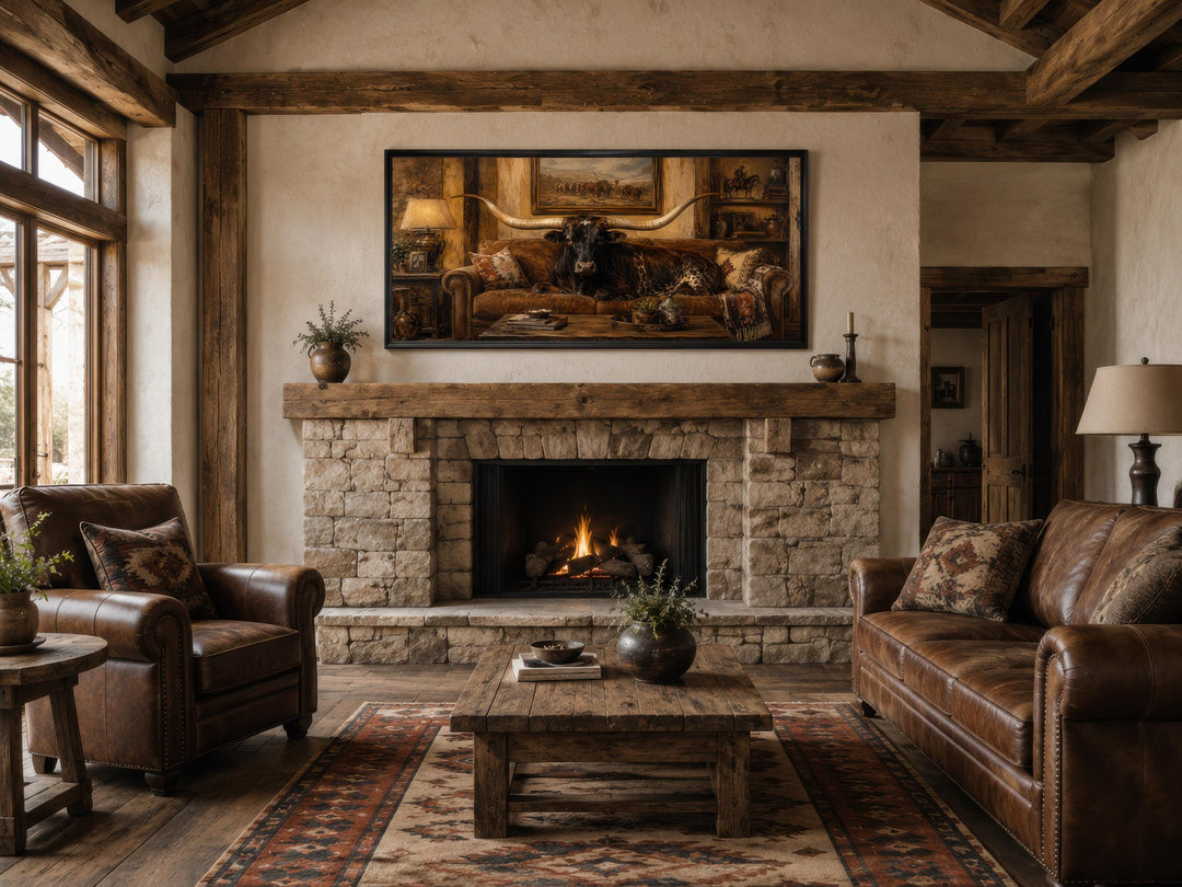 Framed canvas art of a Texas Longhorn bull lounging on a sofa above a stone fireplace in a ranch.