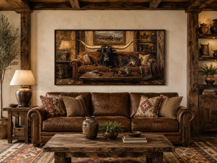 Canvas art of a Texas Longhorn bull lounging on a leather sofa in a rustic Western living room.