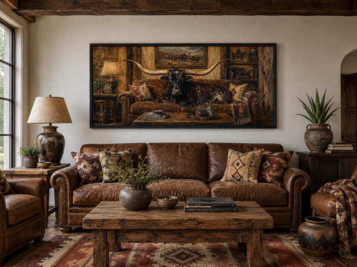 Framed canvas art of a Texas Longhorn bull lounging on a leather couch in a rustic ranch living room.