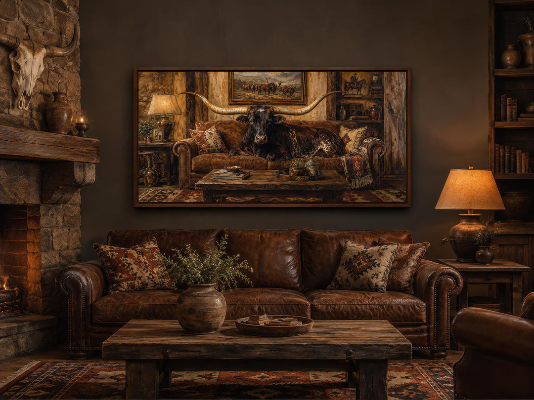 Framed canvas art of a Texas Longhorn bull on a couch, hung above a leather sofa in a rustic room.