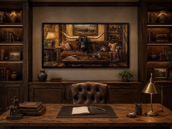 Framed canvas art of a Texas Longhorn bull lounging on a leather couch in a rustic office setting.