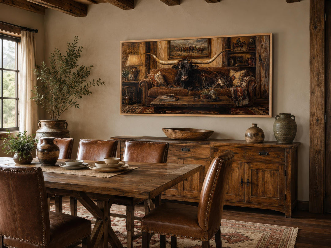 Framed canvas art of a Texas Longhorn bull lounging on a couch in a rustic ranch dining room.