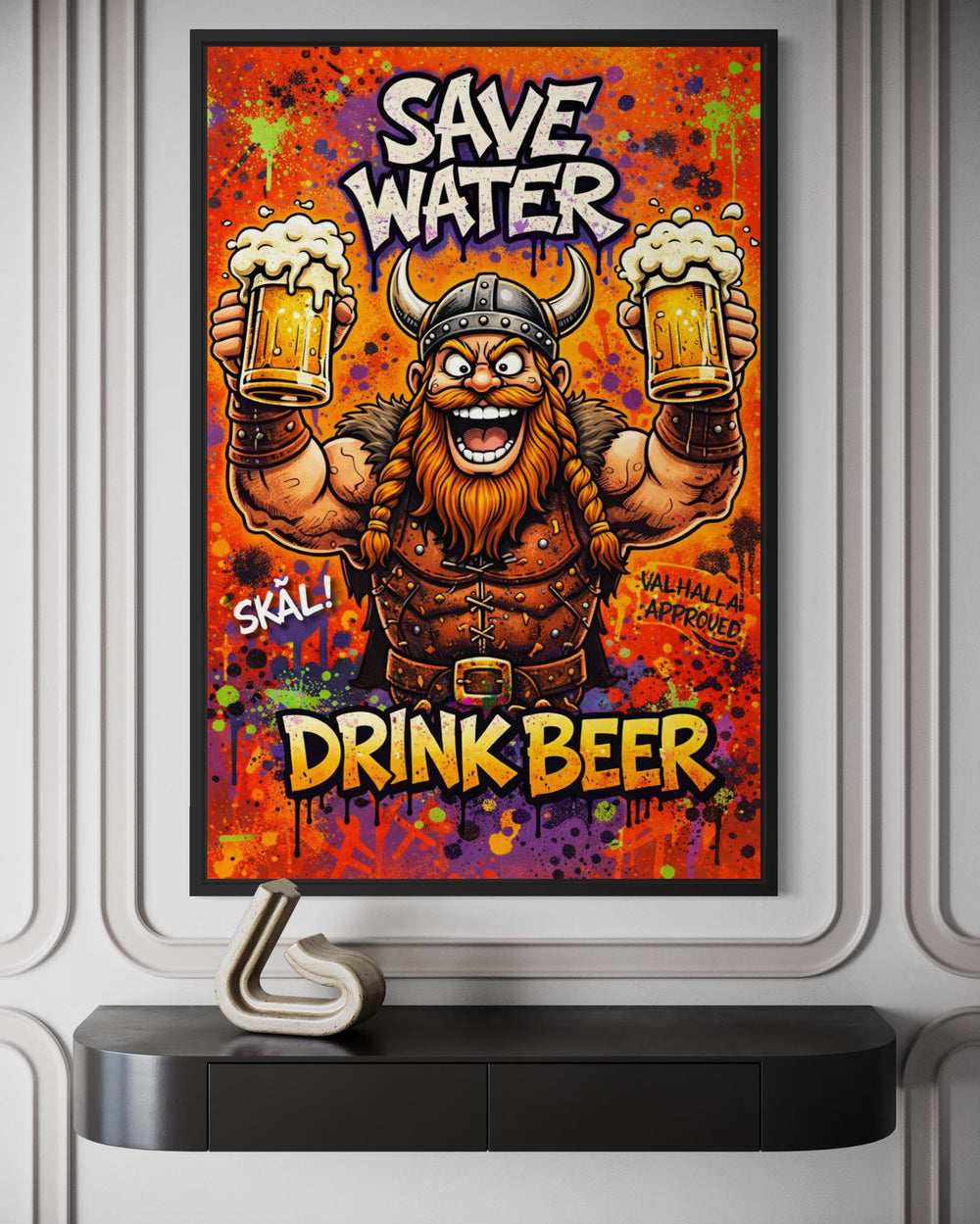 A framed cartoon Viking canvas print with the text Save Water Drink Beer on a colorful background.