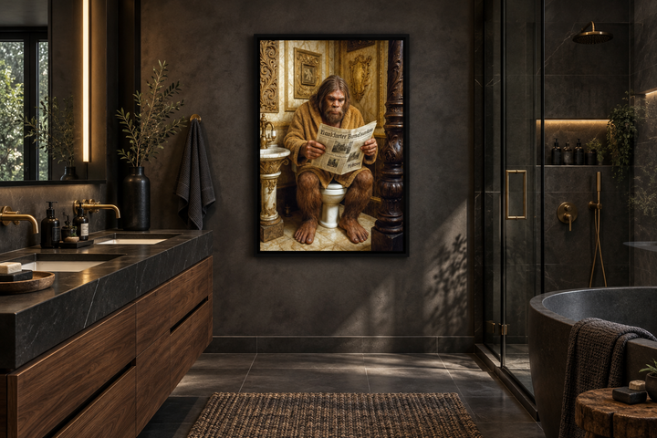Framed wall art of Bigfoot sitting on a toilet reading a newspaper in a modern bathroom setting.