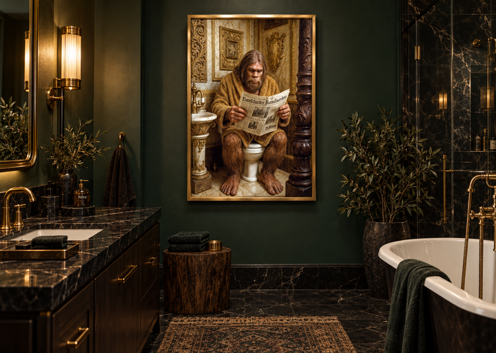 Framed wall art of Bigfoot sitting on a toilet reading a newspaper in a dark green bathroom.