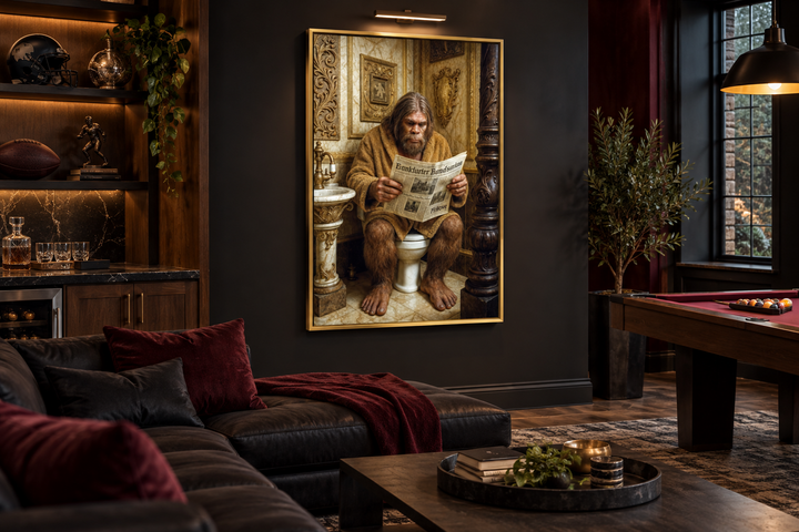 Framed wall art of Bigfoot sitting on a toilet reading a newspaper in a rustic bathroom.