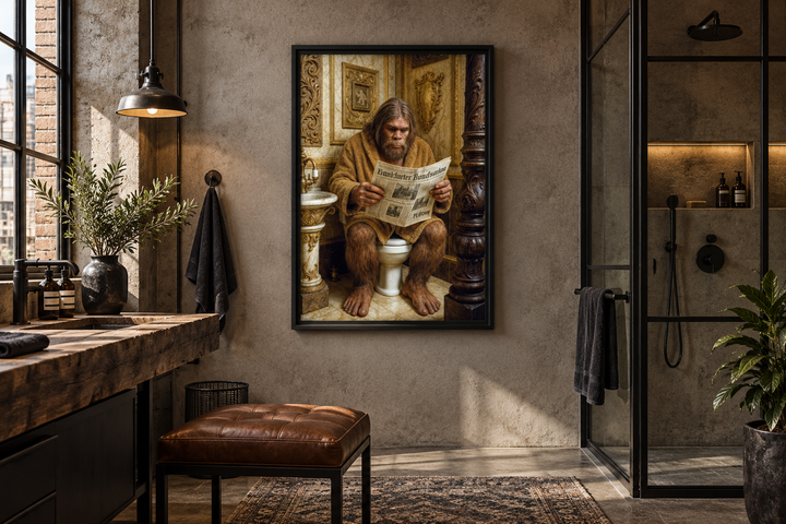 Framed wall art of Bigfoot sitting on a toilet reading a newspaper in a rustic bathroom.
