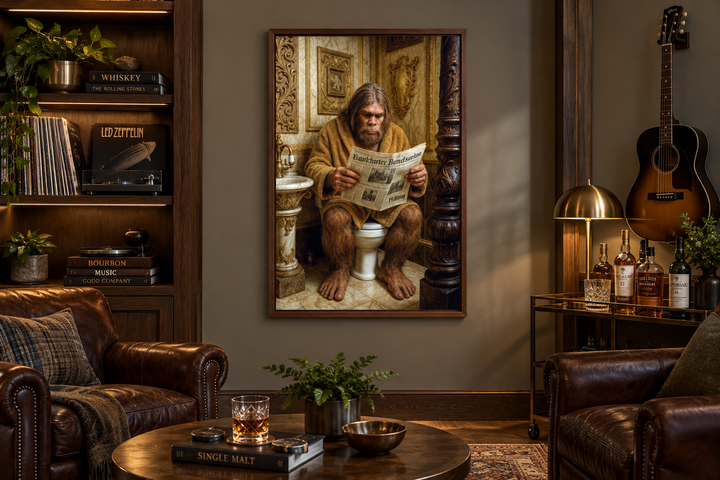 Framed wall art of Bigfoot sitting on a toilet reading a newspaper in a rustic bathroom.