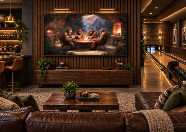 Bigfoot playing poker canvas wall art displayed in a modern man cave with a bowling alley.
