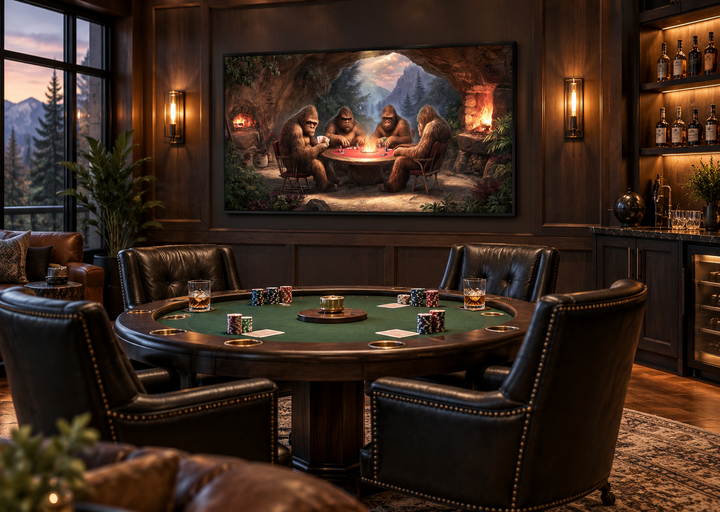 Bigfoot playing poker canvas wall art displayed in a game room above a round poker table.