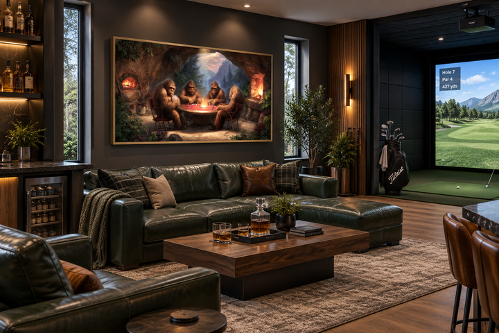 Bigfoot playing poker canvas wall art hanging in a modern man cave with a leather sofa and golf sim.