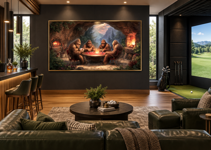 Bigfoot playing poker canvas wall art in a modern man cave with a golf simulator and leather sofa.