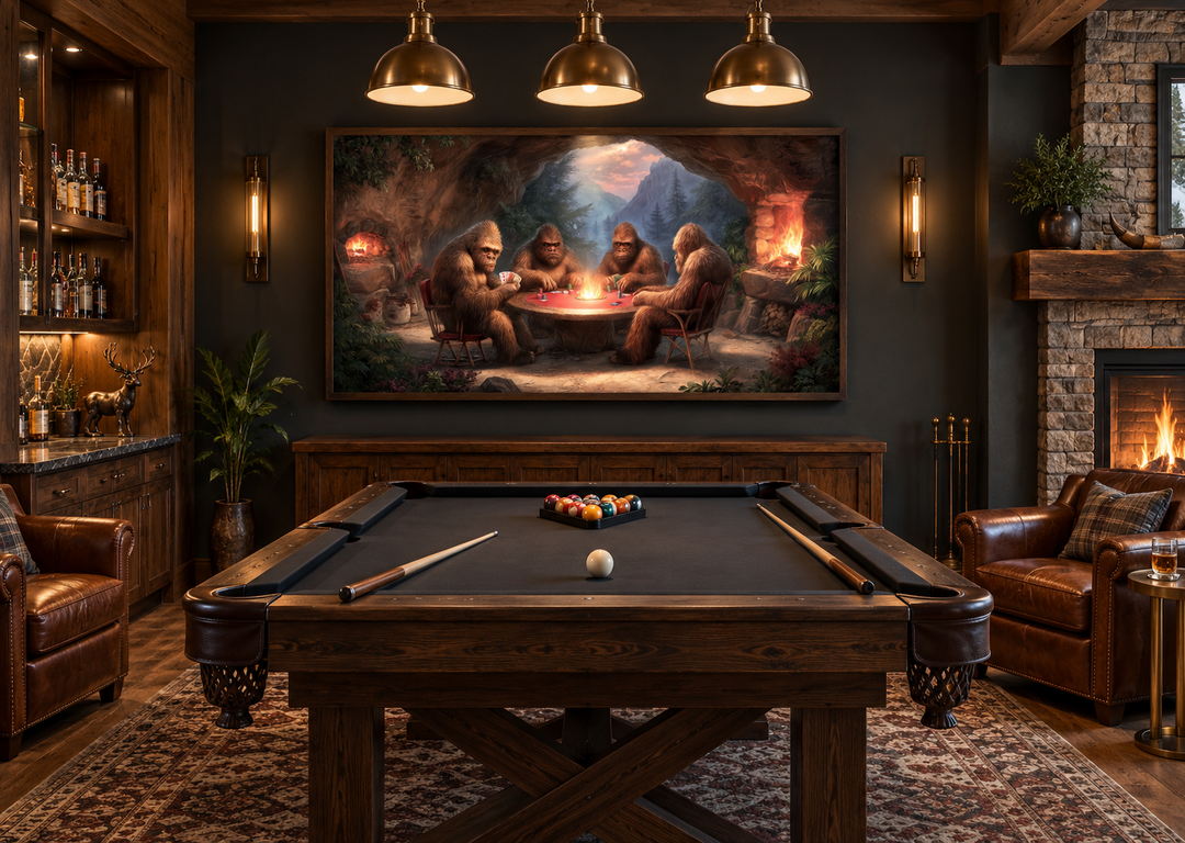 Bigfoot playing poker canvas wall art displayed in a rustic man cave above a pool table.