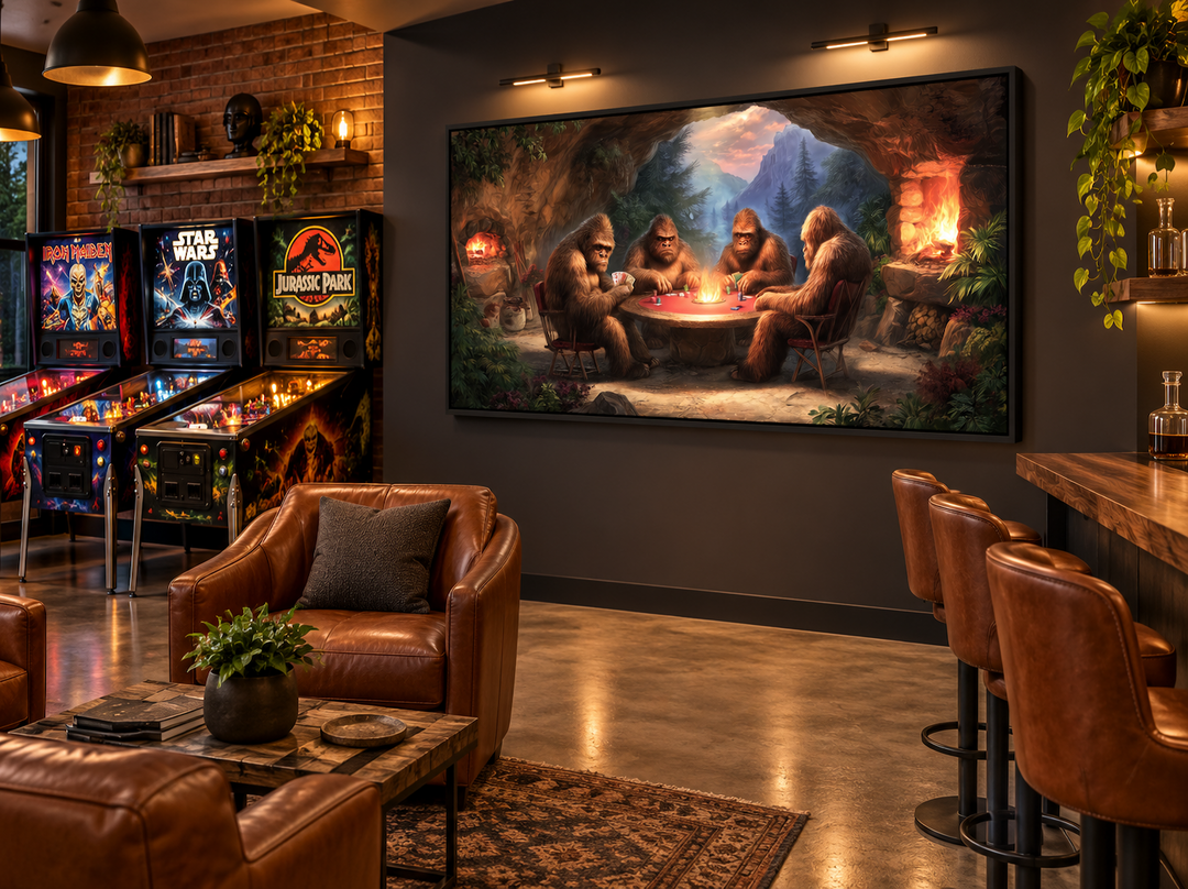 Bigfoot playing poker canvas wall art hanging in a modern man cave with pinball machines and a bar.