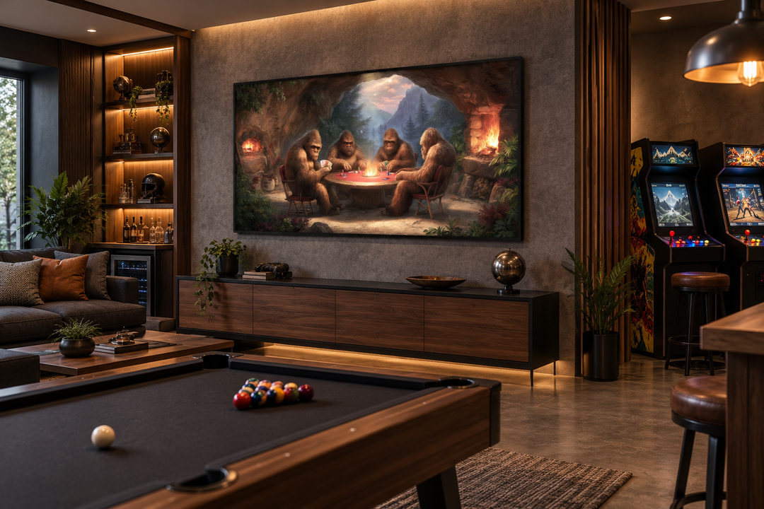 Bigfoot playing poker canvas wall art displayed in a modern man cave above a wooden console.