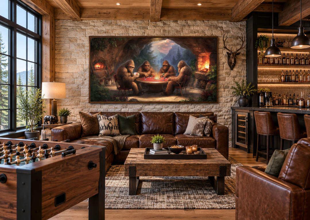 Bigfoot playing poker canvas wall art hanging above a leather sofa in a rustic man cave.