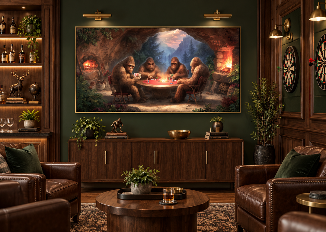 Bigfoot playing poker canvas wall art in a dark green man cave with leather chairs and wood decor.