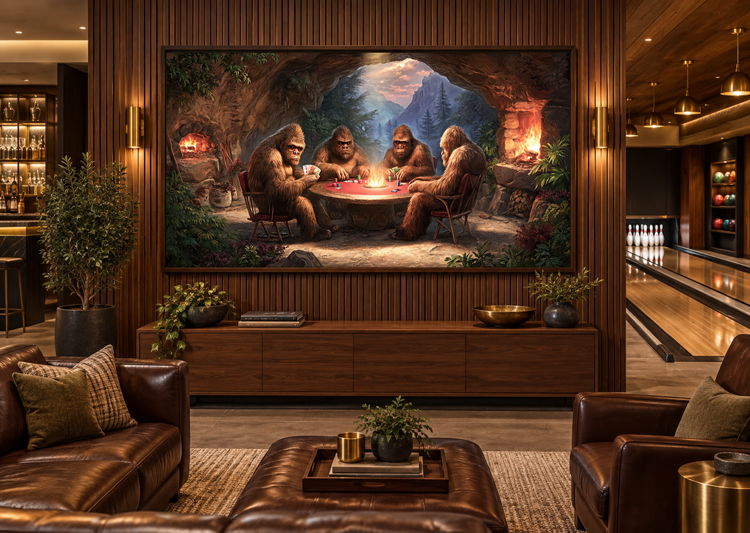 Bigfoot playing poker canvas wall art displayed in a modern man cave with a bowling alley.