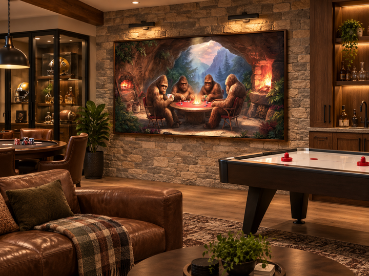 Bigfoot playing poker canvas wall art displayed in a rustic man cave above a stone wall.