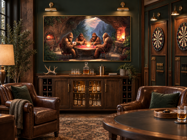 Bigfoot playing poker canvas wall art displayed in a masculine man cave with leather armchairs.