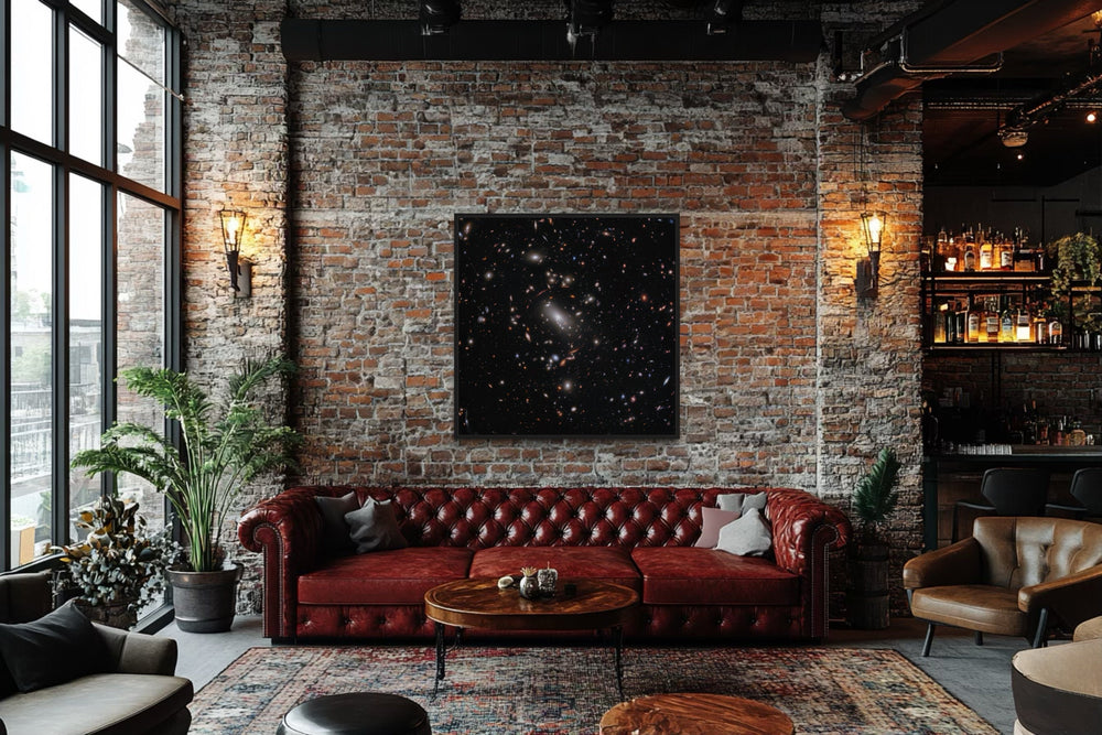 Galaxy Cluster MACS J1423 James Webb Telescope Photograph Framed Canvas Wall Art in a living room filled with furniture and a brick wall