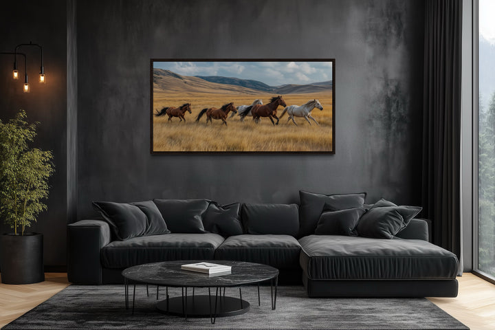 Galloping Wild Horses In Nature Framed Canvas Wall Art