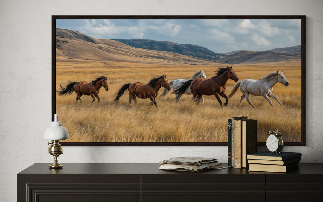 Galloping Wild Horses In Nature Framed Canvas Wall Art