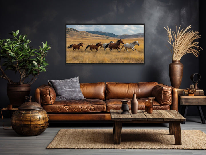Galloping Wild Horses In Nature Framed Canvas Wall Art